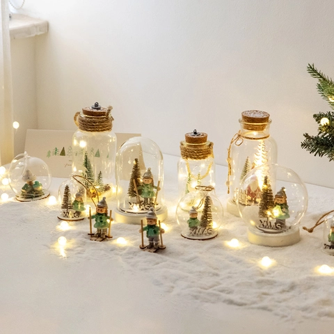 Christmas Glass Dome Night Light LED Micro Landscape Snow Scene Wood Base Reindeer Santa Festive Decorative Desk Lamp