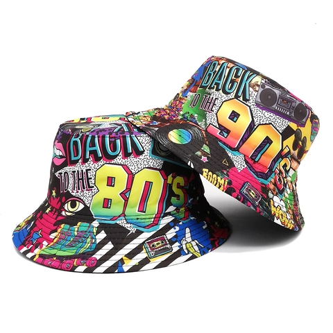 Chapeau Bob Réversible Motif Rétro Années 80 90 Pour Hommes Femmes Polyester Protection Solaire Extérieur Voyage