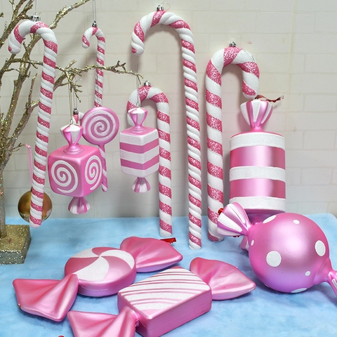 Pink White Christmas Candy Cane Decorations PVC Glitter Candy Hanging Ornaments For Festival Party Scene Layout Props