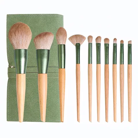 Professionele Make-Up Borstels Met Beukenhouten Handvat Zachte Bionische Vezels Groene Matte Aluminium Beslag