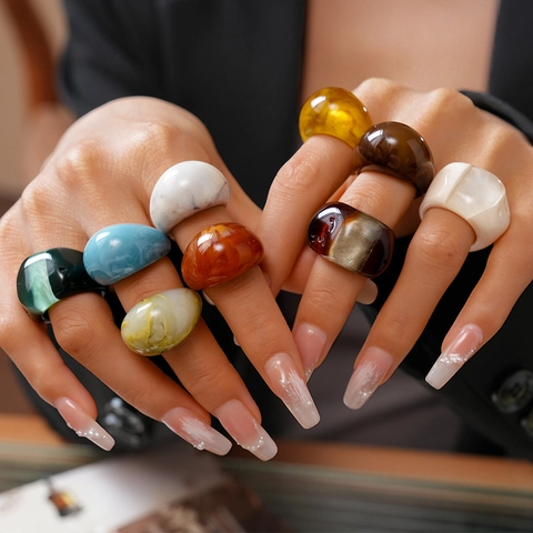 Retro Candy Color Resin Rings Geometric Chunky Oval Marble Acrylic Ring For Women Vintage Fashion Minimalist Jewelry