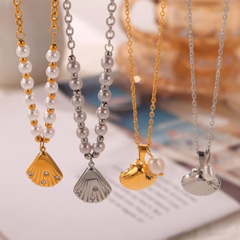 Set Gioielli Ciondolo Conchiglia Acciaio Titanio Perla Acqua Dolce E Strass Stile Francese Collana Orecchini Donna