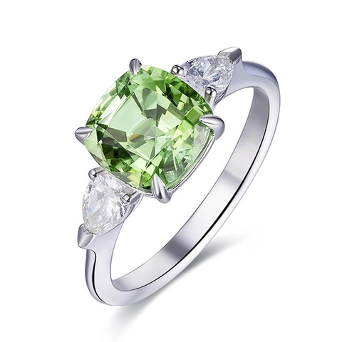 Elegante Anillo De Zircón Verde Cuadrado Corte Cojín Con Piedras Laterales De Pera Joyería De Cobre Plateado Para Mujer