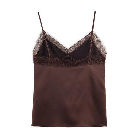 Satin Camisole Spitze Besatz V-Ausschnitt Ärmellos Rückenfrei Sexy Streetwear Damen Verstellbare Träger