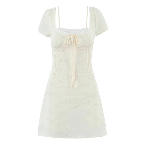 Französisches Retro Mini Kleid Mit Stickerei Puffärmeln Und Eckigem Ausschnitt Sexy Weißes Kurzes Kleid Für Damen