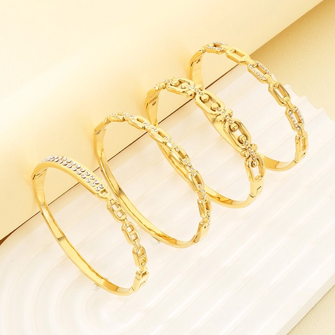 Geometric Chain Bangle Bracelet For Women Stainless Steel Rhinestone Paved Retro Luxury Fashion Jewelry Gift