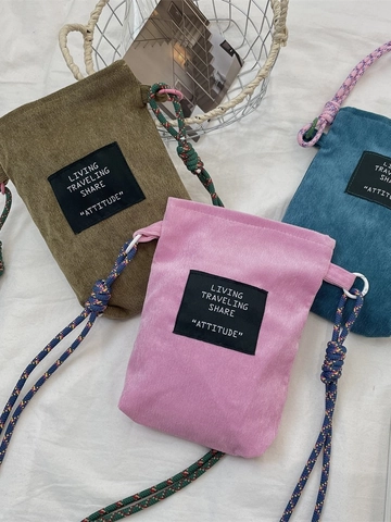 Vintage Corduroy Mobile Phone Bag Small Crossbody Shoulder Pouch Letter Patch Velcro Closure Braided Rope Strap Casual