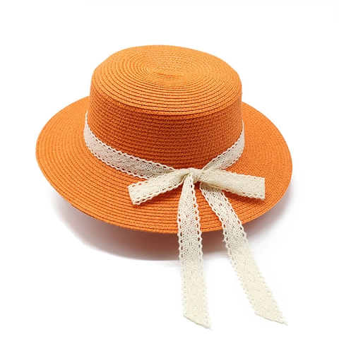 Women Boater Hat Paper Straw Sun Protection Summer Beach Wide Flat Brim Lace Bow French Elegant Style Breathable
