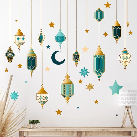 Adesivi Murali Ramadan PVC Lanterne Appese Luna Stelle Decalcomanie Per Camera Da Letto Soggiorno Decor Eid Mubarak
