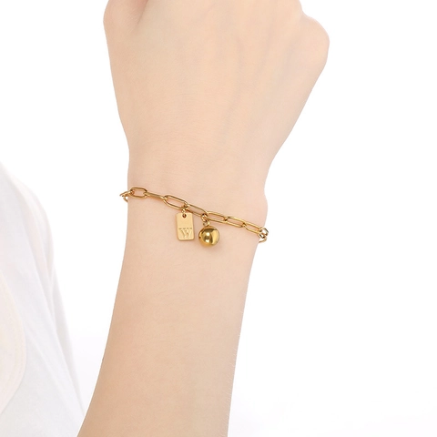 Pulsera Con Colgante Cuadrado De Letra Inicial Acero Inoxidable Cadena De Eslabones Con Cuenta Redonda Para Mujer Joyería