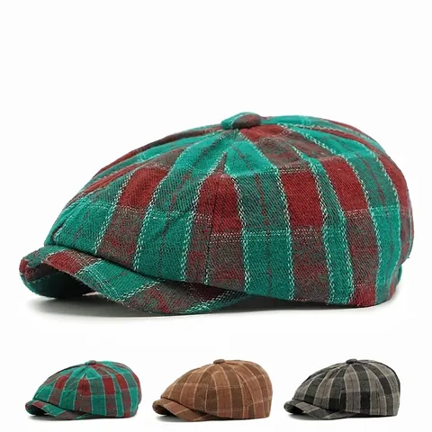 Casquette Gavroche Vintage À Carreaux Coton Chapeau Octogonal Rétro Style Britannique Ajustable Béret Pour Hommes Femmes