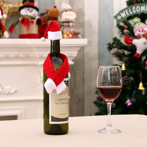 Décoration Mini Bouteille De Vin De Noël Chapeau Et Écharpe En Tissu Non Tissé Pour Décor De Table De Fête