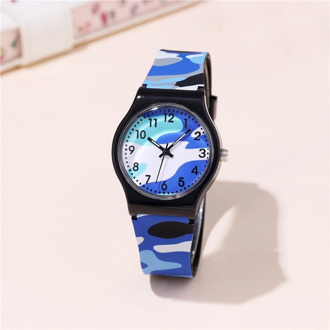 Orologio Al Quarzo Per Bambini Fantasia Mimetica Cinturino In Silicone Cassa In Plastica Display Analogico
