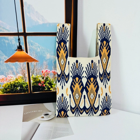 Knit Handbag Polyester Ethnic Geometric Pattern Bohemian Style Tote For Women Casual Shopping Bag