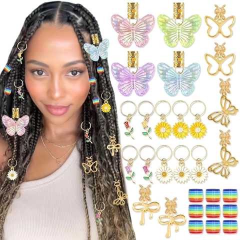 Accesorios Para Trenzas Mariposa Margarita Anillos Pelo Metal Dorado Espirales Dijes Resina Para Rastas Decoración