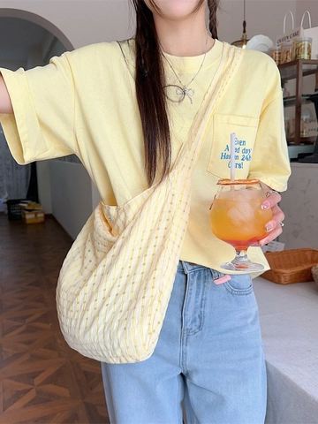 Gingham Checked Large Capacity Crossbody Bag Polyester Canvas Bubble Texture Summer Casual Fresh Tote Hobo Handbag Women