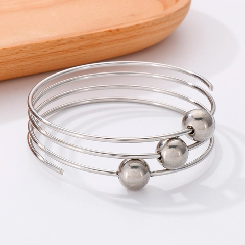 Brazalete de Espiral de Acero Inoxidable Minimalista para Mujer Pulsera de Puño de Cuentas de Acero de Tres Capas Joyería