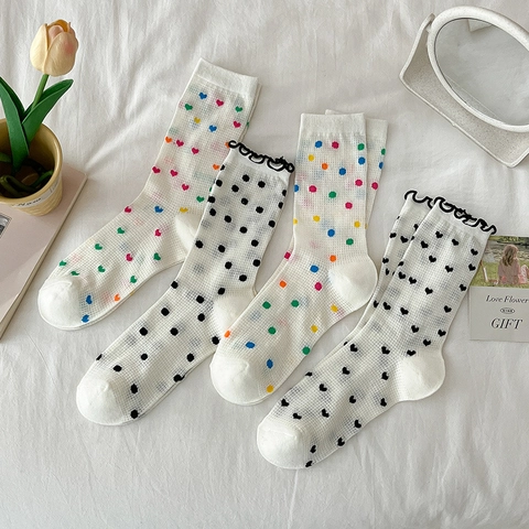 Women Mesh Crew Socks Sweet Ruffle Cuff Cotton Hollow Out Polka Dot Heart Pattern Summer Breathable Slouch Socks Japanese Style
