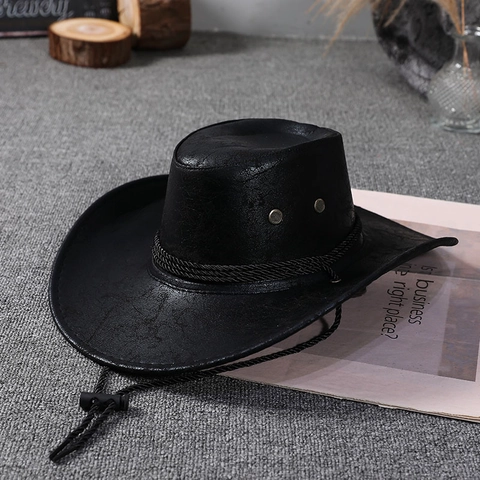 Retro Westerse Cowboyhoed Distressed Kunstleer Met Verstelbaar Windkoord Outdoor Zonnehoed Voor Heren Dames