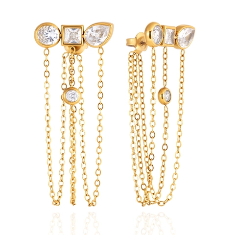 Roestvrijstalen Kwastjes Oorbellen Voor Dames Geometrische Strass Inleg Vergulde Lange Ketting Hanger Oorbellen Elegante Mode Sieraden