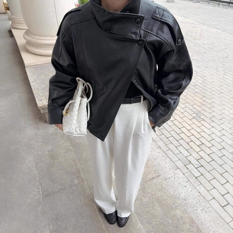 Giacca In Pelle PU Da Donna Stile Biker Moto Vestibilità Oversize Collo Alto Maniche Lunghe Cappotto Streetwear Nero