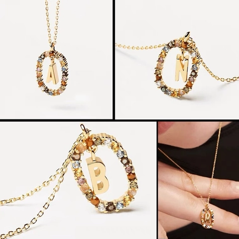 925 Sterling Silver Initial Letter Necklace With Colorful Zircon Oval Pendant Gold Plated Elegant Jewelry For Women