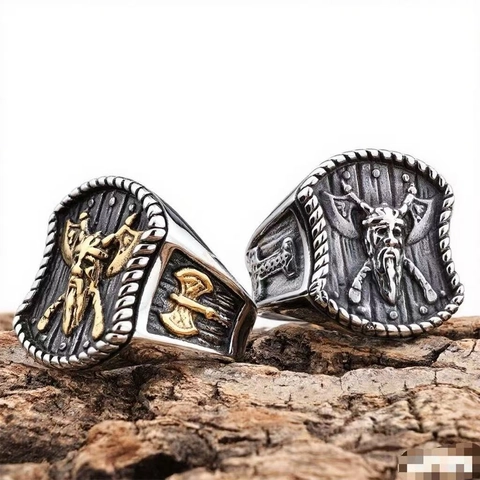 Anello Guerriero Vichingo Acciaio Inossidabile 316L Mitologia Norrena Rilievo Ascia Gioielli Punk Retro Per Uomini