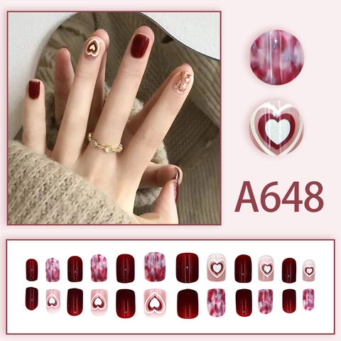 Press On Nails Short Square Round Sweet Heart Pattern Dark Red Marble Gradient Glitter Detachable Plastic False Nails