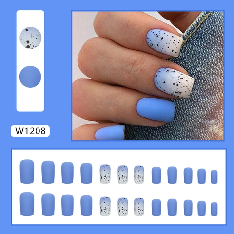 Matte Blue Gradient Press On Nails Quail Egg Pattern Square Mid Length False Nails For Women ABS Plastic Manicure