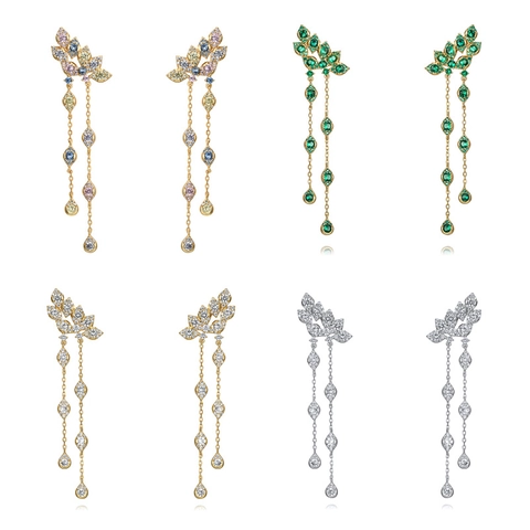 Luxury Copper Tassel Chain Earrings With 925 Sterling Silver Earring Post Elegant Zirconia Floral Geometric Drop Earrings