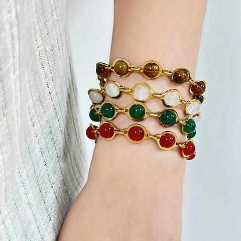 Bracciale Con Pietre Tonde Acciaio Inossidabile Placcato Oro Boho Retro Elegante Gioielli Regolabili Da Donna