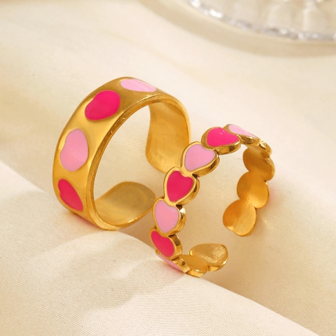 Anillos De Corazón Para Mujer Esmalte Rosa Acero Inoxidable Chapado En Oro 18K Anillo Abierto Ajustable Joyería