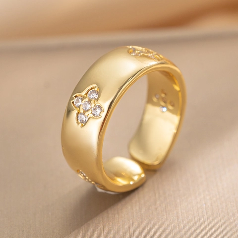Verstellbarer Kupferring Mit Kleeblatt Und Zirkonia Funkelnder Strass Breiter Ring Modeschmuck Für Damen Geschenk