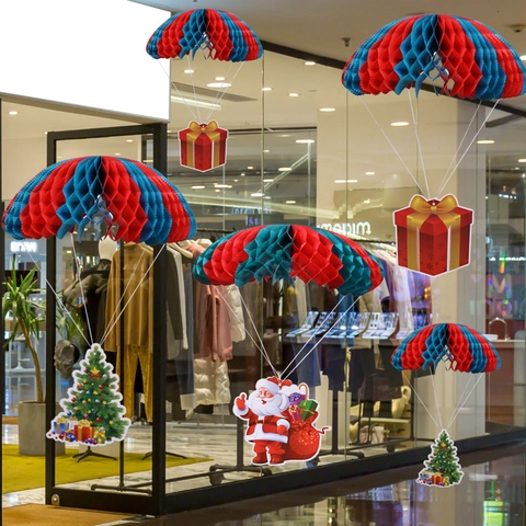 Christmas Decorations Paper Hanging Ornaments Honeycomb Ball Parachute Hot Air Balloon Santa Snowman Reindeer Party Decor