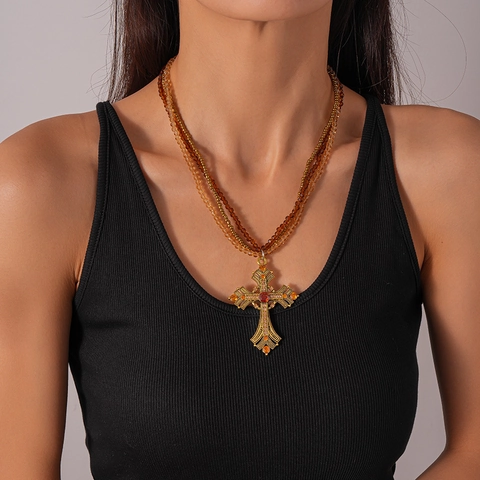Vintage Multi Layer Necklace For Women With Alloy Rhinestone Cross Pendant And Glass Artificial Pearl Beaded Chain Gothic Style
