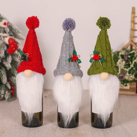 Weihnachtsgnom Weinflaschenhülle Gestrickter Stoff Kunstpelz Bart Schwedische Tomte Zwerg Tischdekoration Feiertag Xmas