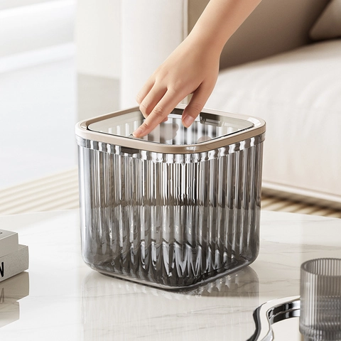 Mini Pattumiera Da Scrivania Trasparente Grigia Plastica PET Con Coperchio A Pressione Trama A Righe Per Trucco Ufficio