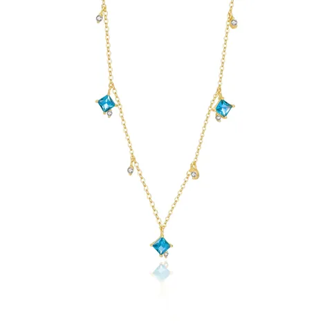 Retro 925 Sterling Silver Necklace For Women With Square Sea Blue Zircon Geometric Light Luxury Fashionable Jewelry