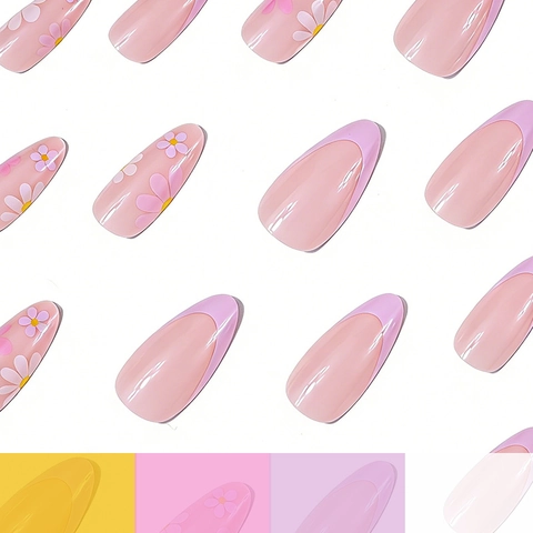 Paarse Franse Amandel Kunstnagels Met Madeliefje Bloemenontwerp Glanzend ABS Kunstmatige Vingernagels Voor Vrouwen Elegant