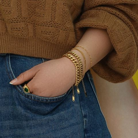 Fashion Stainless Steel Cuban Link Bracelet For Women 18K Gold Plated Trendy Hip Hop Style Adjustable Chain Bracelet Jewelry
