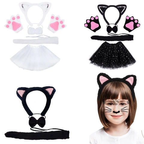Cerchietto Con Orecchie Di Gatto Animale Costume Coda Di Peluche Papillon Gonna In Tulle Per Halloween Cosplay Accessori