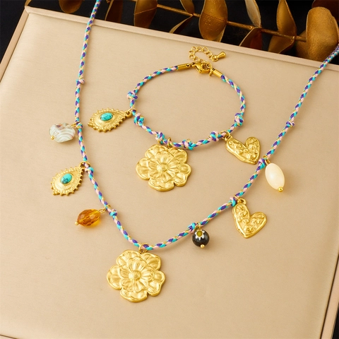 Ensemble de Bijoux Bohème en Acier Inoxydable Plaqué Or Femme Pendentif Fleur Cœur Turquoise Collier Bracelet Corde