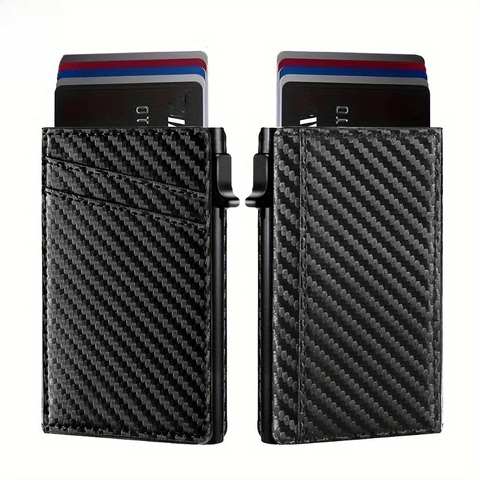 Automatic Pop-Up Card Holder RFID Blocking Carbon Fiber Aluminum Alloy PU Leather Slim Minimalist Wallet