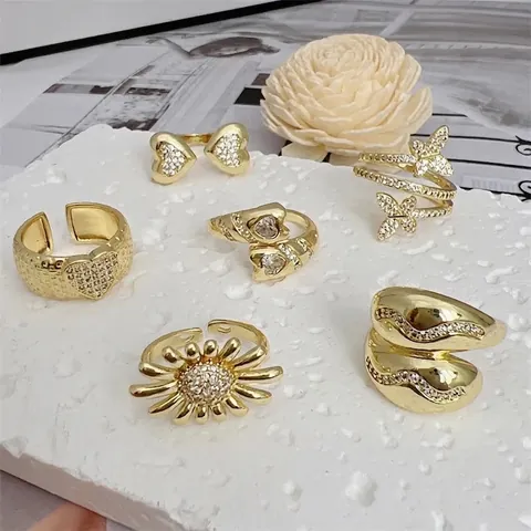 Verstellbarer Kupferring 18K Vergoldet Zirkonia Herz Schmetterling Sonnenblume Offener Schmuck Für Damen