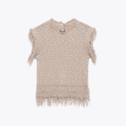 Women Sleeveless Knitted Vest Top Fringe Tassel Trim Chunky Knit Acrylic Polyester Elegant Solid Color Boat Neck