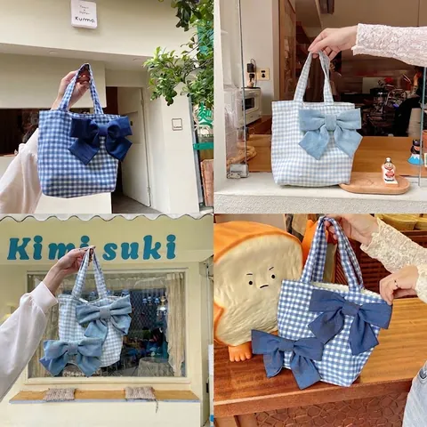 Borsa A Mano In Tela A Quadretti Gingham Dolce Fiocco Grande Stile Giapponese Piccola Borsa Tote Da Donna Per Studenti