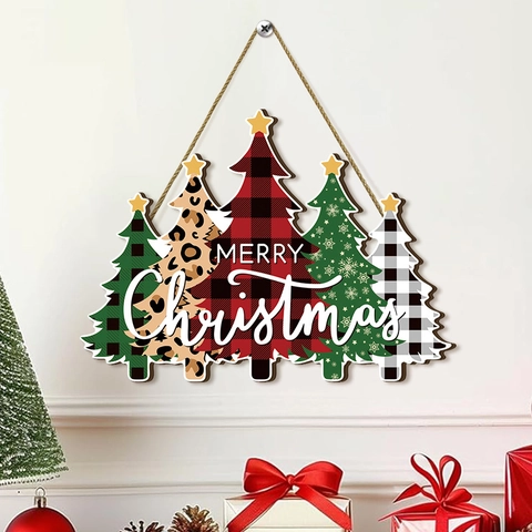 Merry Christmas Wood Hanging Sign Decorative Buffalo Plaid Leopard Print Forest Tree Door Plaque Wall Art Decor