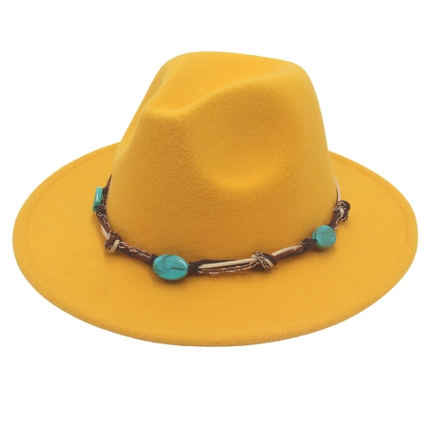 Fedora Hat Wide Brim Wool Felt Bohemian Decorative Band Turquoise Stones Braided Rope Western Vintage Jazz Style
