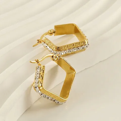 Vierkante Hoop Oorbellen 18K Verguld Roestvrij Staal Zirkoon Grieks Patroon Meander Geometrische Retro Sieraden Dames