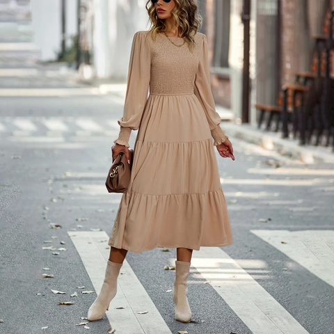 Vestido Midi Escalonado Fruncido Para Mujer Manga Larga Cuello Redondo Cintura Alta Color Sólido Casual Poliéster